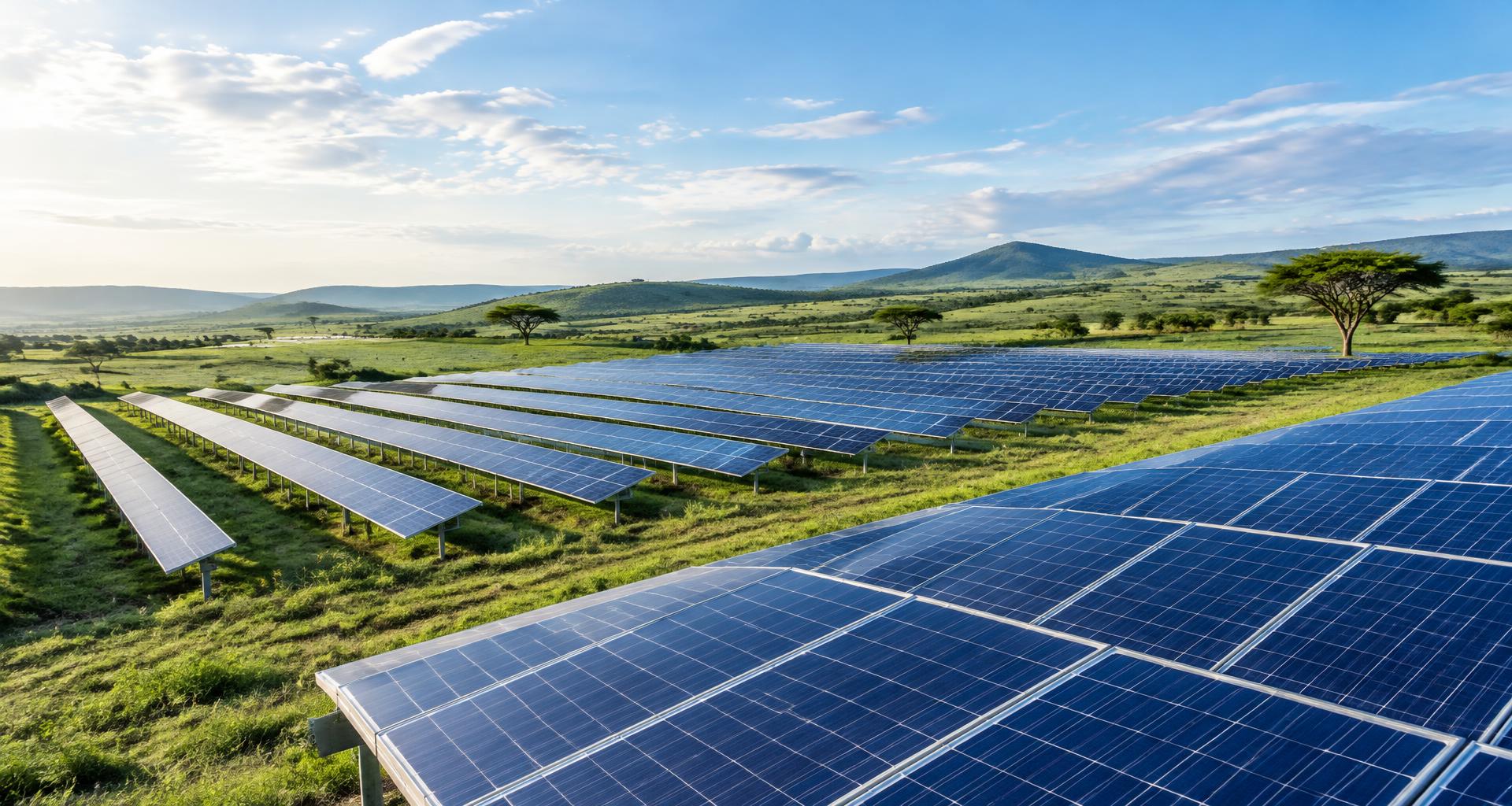 Illustrative solar farm in a Kenyan highland landscape
